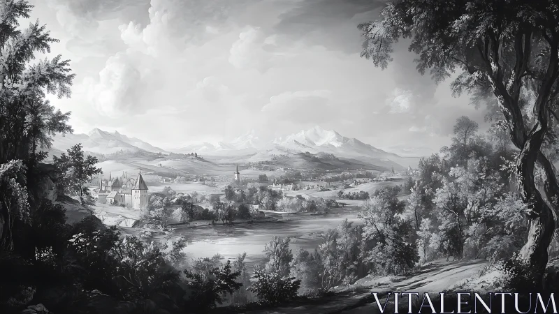 Monochrome alpine valley with village, river and mountains.