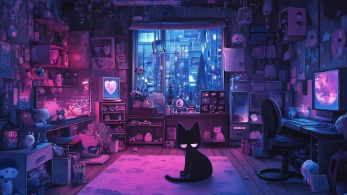 Moody black cat in neon-lit otaku bedroom sanctuary.