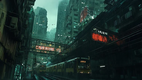 Moody city trams glide through neon rain and towering blocks
