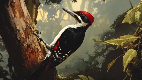 Realistic woodpecker with red crest on tree in dense forest scene.