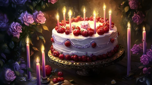 Ornate Two-Tier Celebration Cake with Candles and Red Spheres