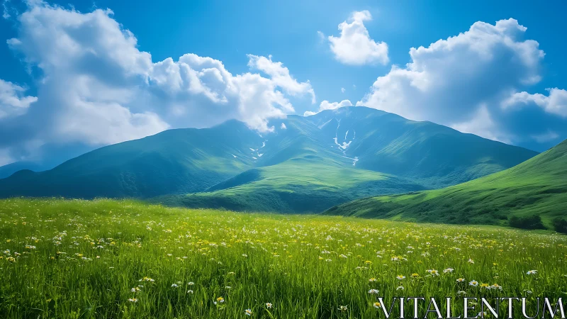 Sunlit alpine meadow stretches below vivid green mountains.