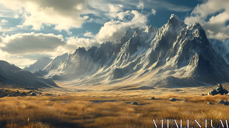 Mountain range above dry grassland under scattered clouds.