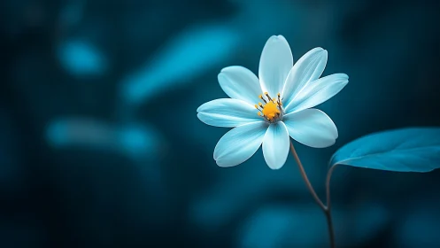 Pale Blue Cosmos Flower with Golden Stamen Against Dark Teal Background