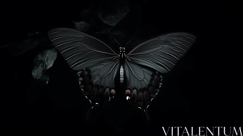 Nocturnal black butterfly macro in low key composition.