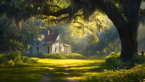 Sun-drenched country cottage cradled beneath mossy oaks.