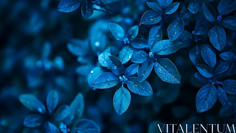 Moonlit blue leaves sparkling softly after gentle rain.