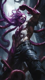 Powerful symbiotic warrior unleashes swirling violet tendrils