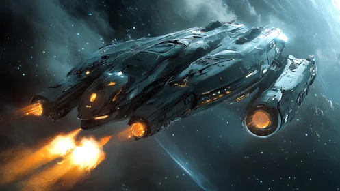 Futuristic spacecraft executes high-velocity burn in orbit