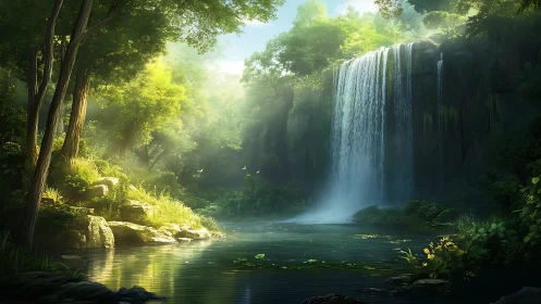 Luminous Waterfall Landscape: Volumetric Lighting Through Dense Canopy Rendered in Digital Painting