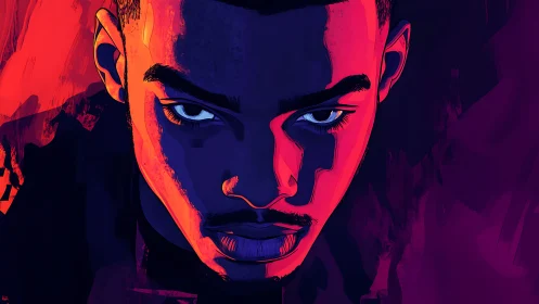 Neon ember gaze under electric midnight shadows.