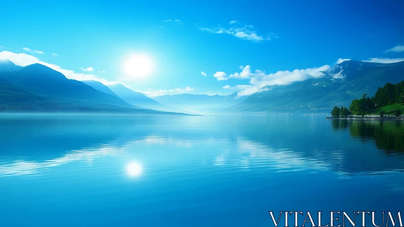 Gentle morning sun glows over calm blue mountain lake