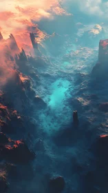 Molten dawn pours into a frozen canyon of turquoise mist