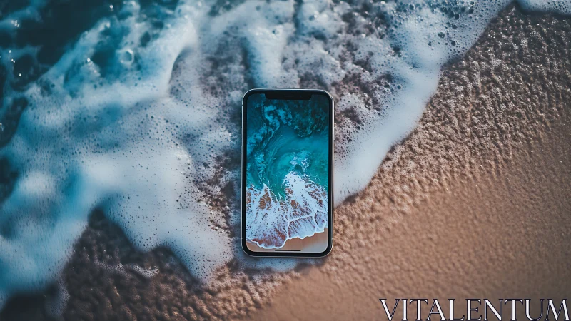 Smartphone with edge-to-edge display lies in wet sand amid surf