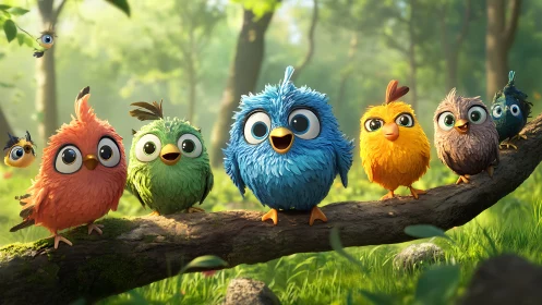 Adorable Cartoon Birds on Forest Branch in Vibrant Digital Art.