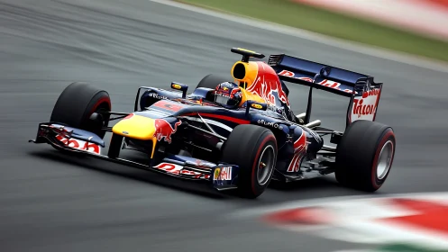 Formula race car progresses through corner on track surface