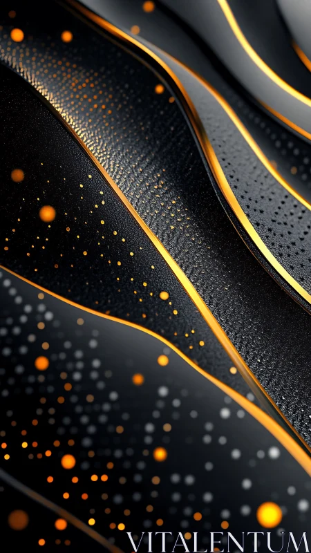 Curved metallic bands intersect while orange particles drift