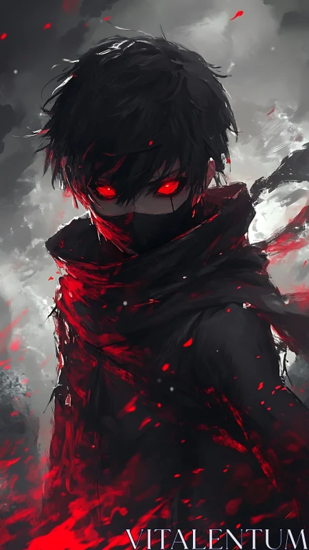 Red-eyed shadow assassin wrapped in blazing scarlet shroud.