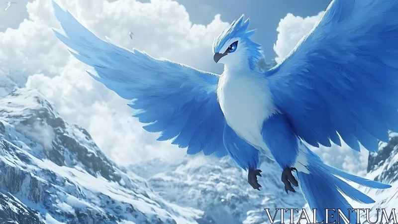 Fantasy ice bird aerial over glacial mountain environment.