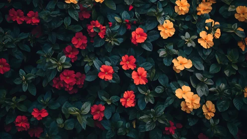 Floral Garden Overview with Red and Orange Blooms.