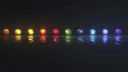 Glowing rainbow orbs lined over water in a night hush.