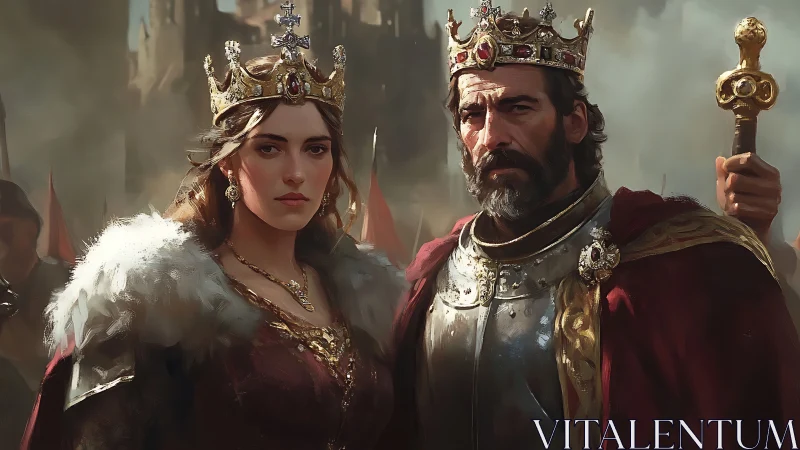 Medieval royal couple stand armored beneath stormed citadel.