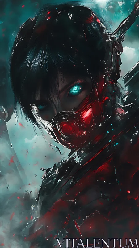 Fierce cybernetic warrior meets your gaze with blazing resolve