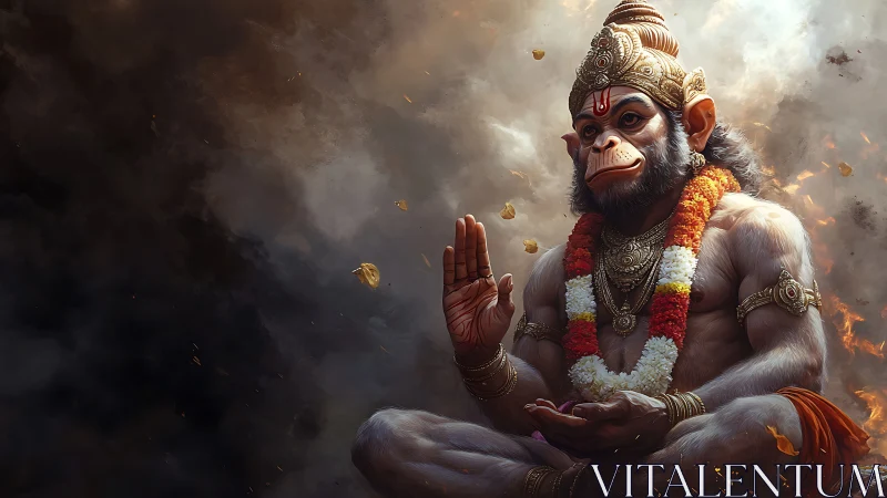 Serene monkey deity in fiery clouds of smoke and light.