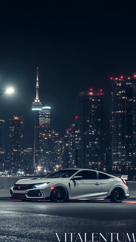 Sporty white coupe glowing softly against city night lights.