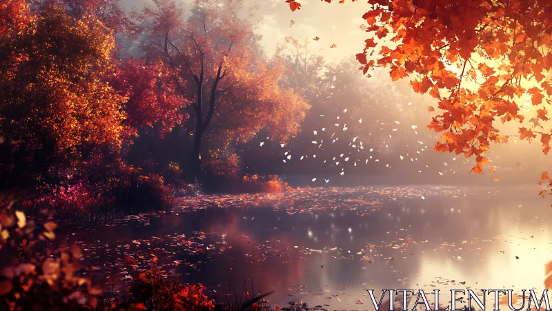 Golden autumn lake glows softly under drifting leaves