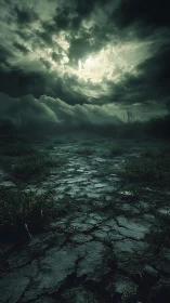 Stormlit cracked earth under ominous green clouds.
