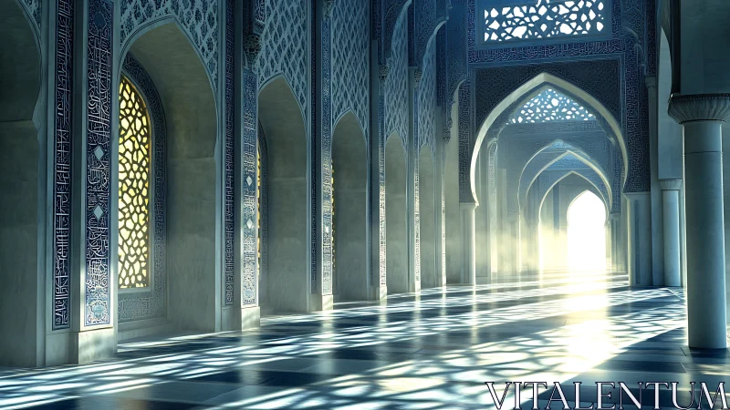 Sunlit Islamic arcade with ornate arches and patterned glow.