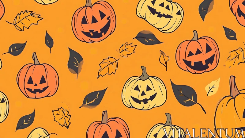 Halloween jack-o-lantern pattern with autumn foliage.