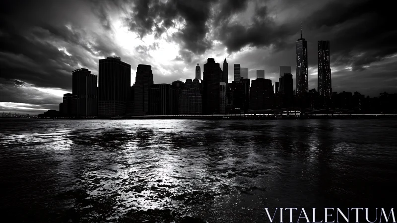 Urban skyline silhouette stands against backlit storm clouds