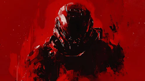 Armored sci fi soldier silhouette dissolves into red field