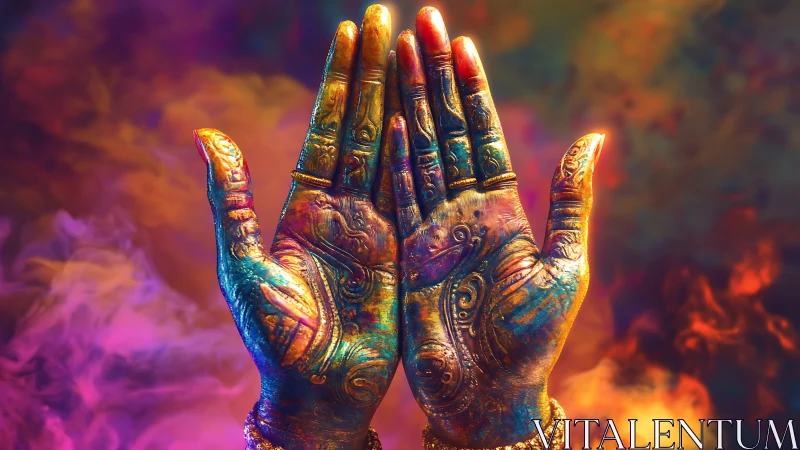 Gilded ornate hands in iridescent light against chromatic haze.