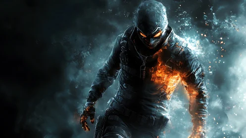 Armored figure with fiery effects in smoke filled scene.