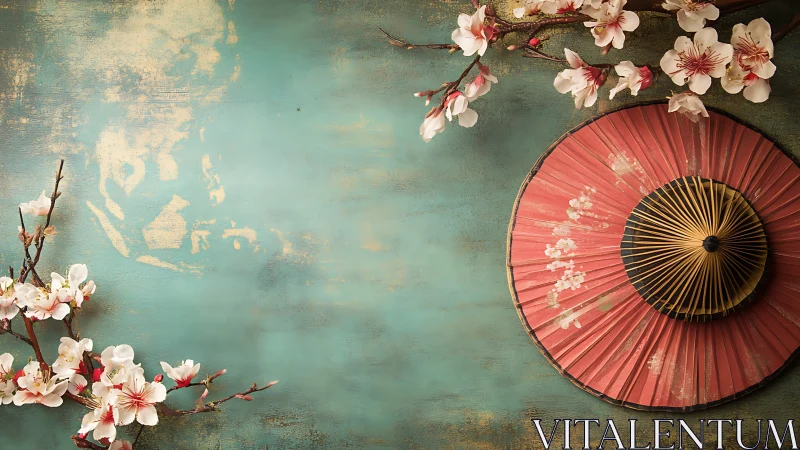 Cherry blossom branches and paper parasol on blue surface.