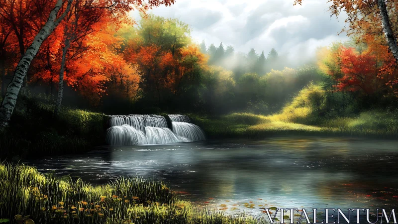 Autumn forest waterfall glows under soft diffused sunlight.
