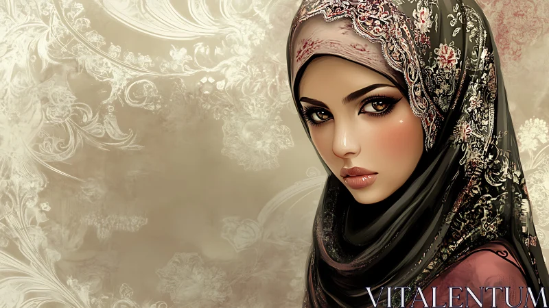 Velvet gaze in floral hijab amid whispering baroque swirls.