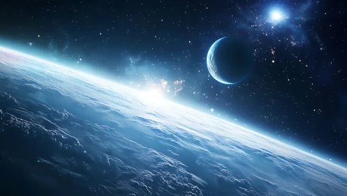 Digital painting of planetary horizon with luminous starfield.