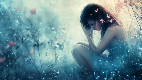 Melancholic girl in glowing meadow with pastel butterflies.