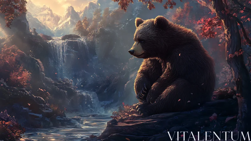 Solitary brown bear contemplating beside luminous forest falls