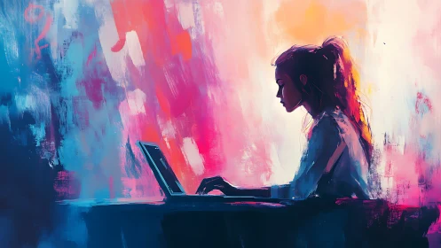 Silhouetted woman works on laptop against vivid abstract light