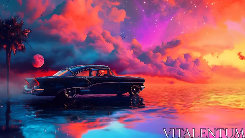 Classic car is positioned on reflective water beneath vivid sky