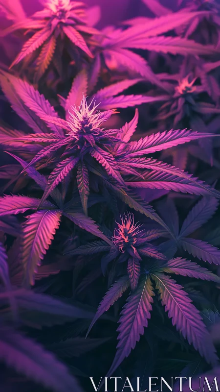 Cannabis inflorescences under magenta hydroponic grow lighting.