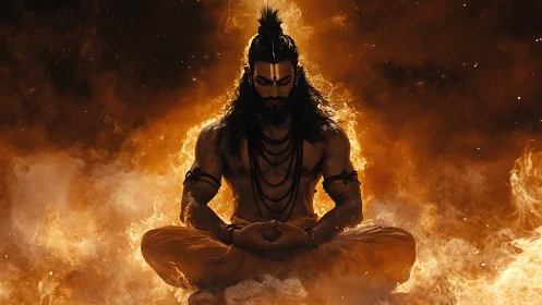 Meditating warrior figure in fiery orange atmospheric glow.