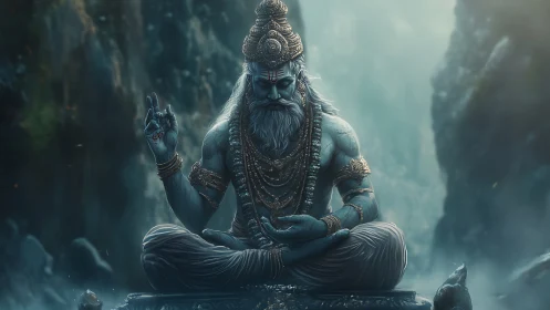 Serene blue deity meditates in misty mountain silence