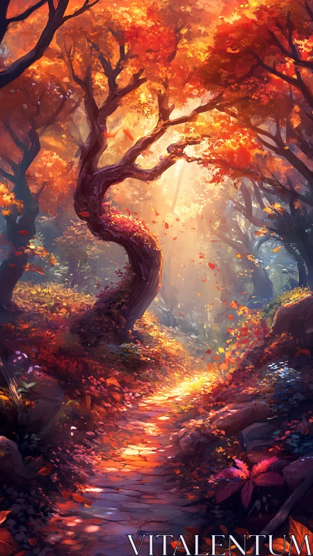 Curved forest tree over glowing autumn path at sunrise.