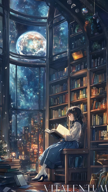 Girl reads in tall library with city and planet outside window